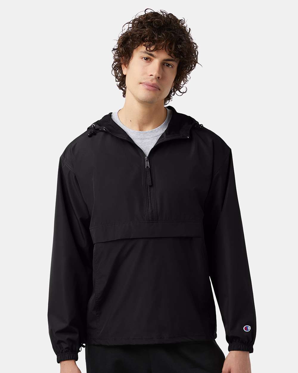 Champion CO200 Unisex Packable Anorak Jacket with custom embroidery logo — front view black — Only Custom Apparel Canada