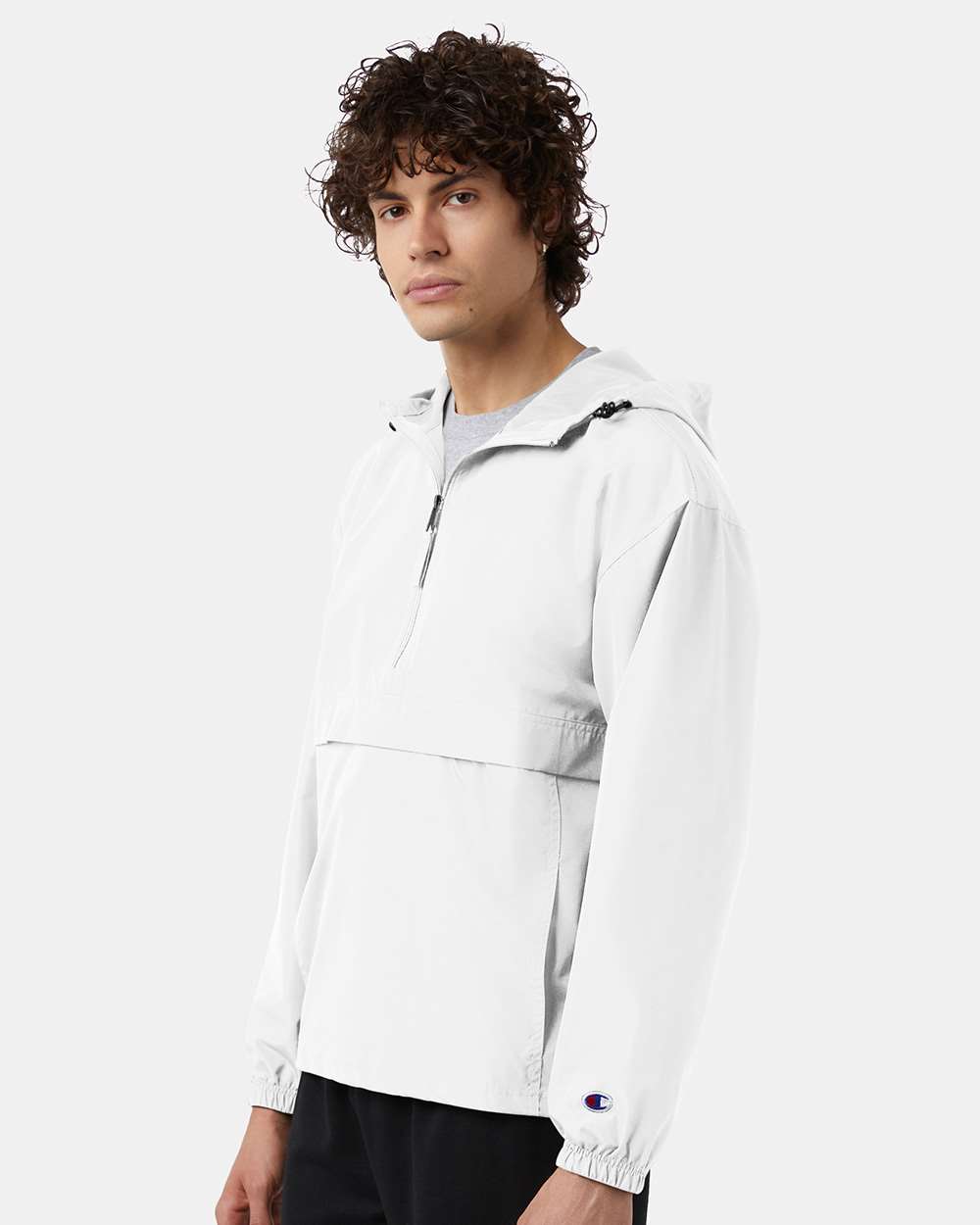 Champion CO200 Unisex Packable Anorak Jacket with custom embroidery logo — front view white — Only Custom Apparel Canada