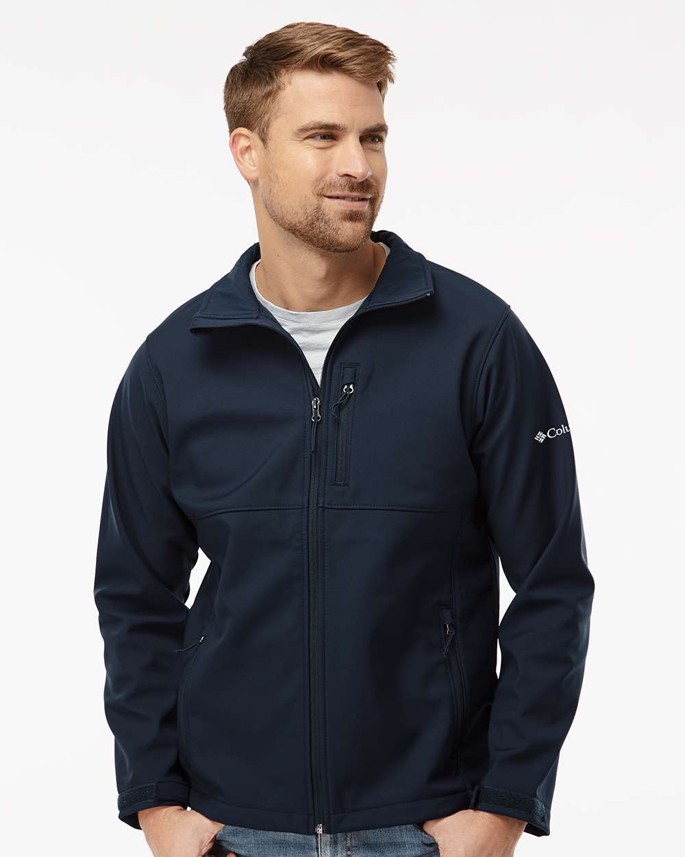 Columbia 212483 Men's Ascender Soft Shell Jacket with custom embroidery logo — front view navy — Only Custom Apparel Canada
